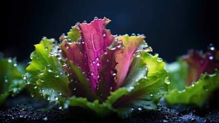 A close up of a green leaf with water droplets on it, AIの素材
