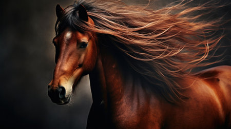 A horse with a long mane of hair blowing in the wind, AIの素材