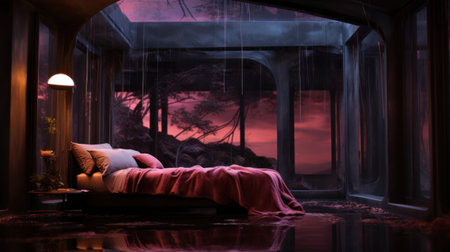 A bed with a pink blanket and pillows in the middle of an empty room, AIの素材