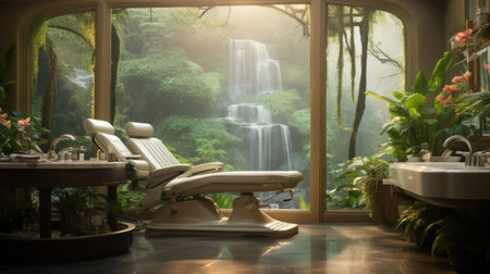 A large bathroom with a waterfall and sink in the middle, AIの素材