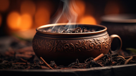 A close up of a cup filled with smoke and tea, AIの素材