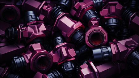 A pile of purple and black plastic pipes with valves on them, AIの素材