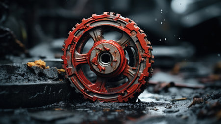A red wheel sitting on a wet ground with water around it, AIの素材