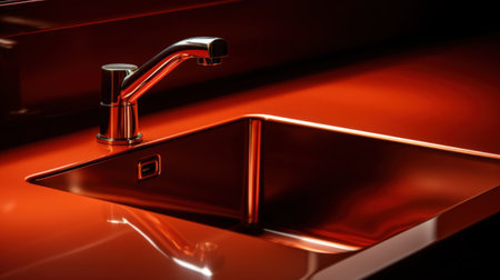 A close up of a shiny metal sink with the faucet on, AIの素材