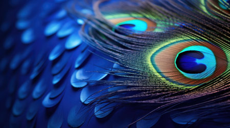 A close up of a peacock feather with blue and green feathers, AIの素材