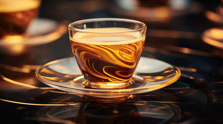 A glass of a cup with liquid in it sitting on top of some plates, AIの素材