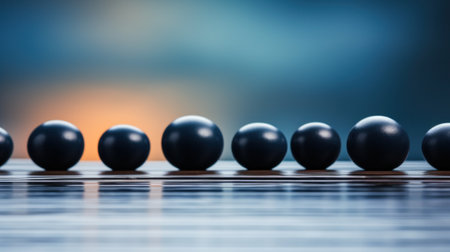 A row of black eggs on a table with one egg in the middle, AIの素材