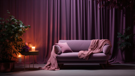 A purple couch with a pink blanket and curtains in front of it, AIの素材