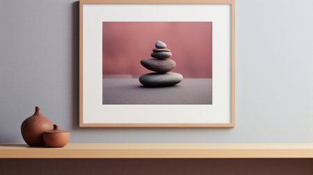 A framed picture of stacked rocks on a shelf next to vases, AIの素材