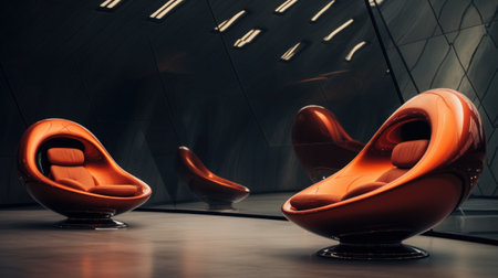A futuristic looking chairs in a room with mirrors, AIの素材