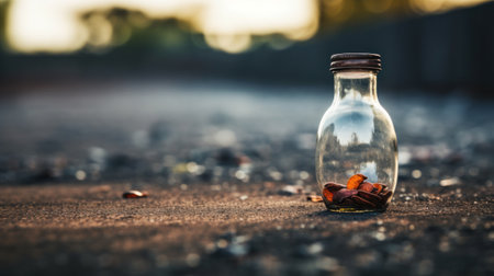 A small glass bottle with some seeds inside sitting on the ground, AIの素材