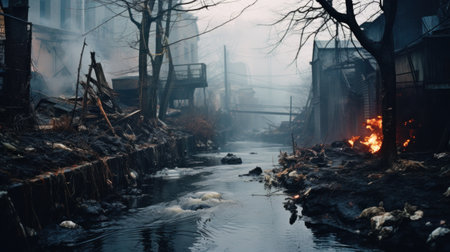 A river of water flowing through a city with fire burning, AIの素材