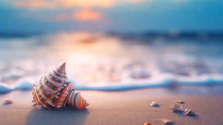 A close up of a seashell on the beach at sunset, AIの素材