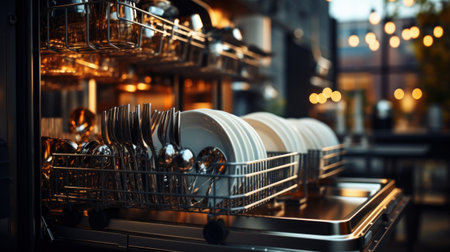 A dishwasher with many plates and silverware in it, AIの素材