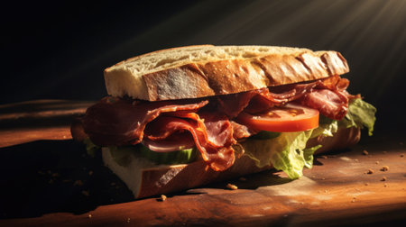A close up of a sandwich with bacon, lettuce and tomatoes, AIの素材