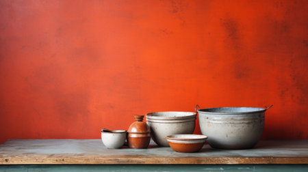 A group of pots and bowls on a table against an orange wall, AIの素材