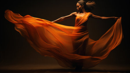 A woman in a long orange dress with her arms outstretched, AIの素材