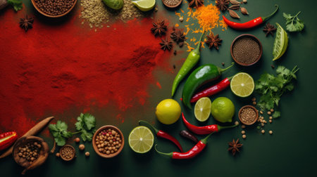A table with a variety of spices and herbs on it, top view, AIの素材
