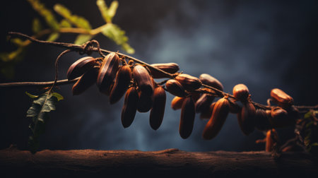 A bunch of fruit hanging from a tree branch in the dark, AIの素材