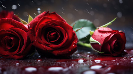 Three red roses with water droplets on them sitting in a puddle, AIの素材