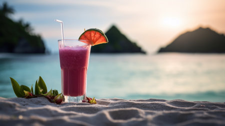 A pink drink with a slice of red citrus on the beach, AIの素材