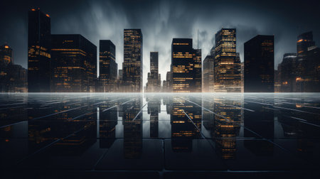 A city skyline with a dark sky and buildings lit up, AIの素材