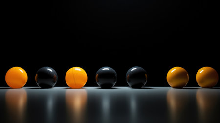 A row of black and yellow balls on a dark surface, AIの素材