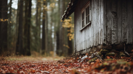 A small house in the woods with leaves on the ground, AIの素材