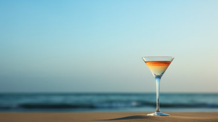 A glass of a drink sitting on the sand next to water, AIの素材