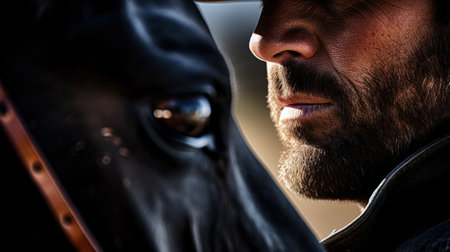A close up of a man and his horse looking at each other, AIの素材