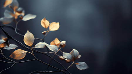 A close up of a branch with leaves on it against the dark background, AIの素材