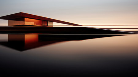 A building is reflected in a body of water at sunset, AIの素材