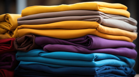 A stack of folded clothes on a table with some in the background, AIの素材
