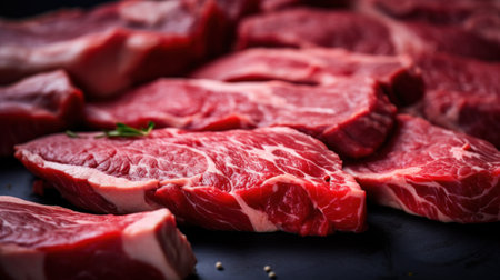 A pile of raw meat sitting on a table with some herbs, AIの素材