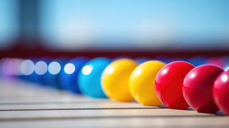 A row of colorful marbles on a wooden surface, AIの素材