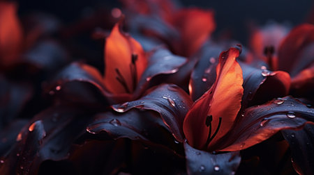 A close up of a bunch of flowers with water droplets on them, AIの素材