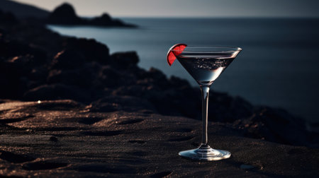 A martini glass with a red fruit on the rim sitting next to water, AIの素材