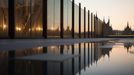 A reflection of a building in the water with some trees, AIの素材