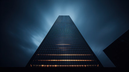 A tall building with lights on at night in a dark sky, AIの素材