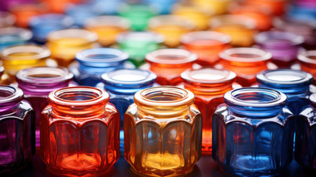 A group of colorful glass jars are lined up on a table, AIの素材
