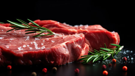 A close up of a piece of meat with rosemary and salt, AIの素材