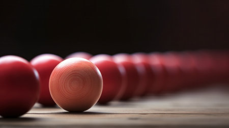 A row of red eggs lined up on a wooden table, AIの素材