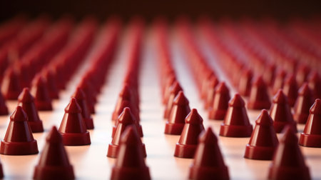 A row of red plastic cones on a table with white background, AIの素材