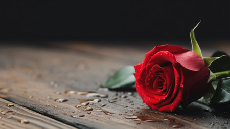 A single red rose sitting on a wooden table with water drops, AIの素材