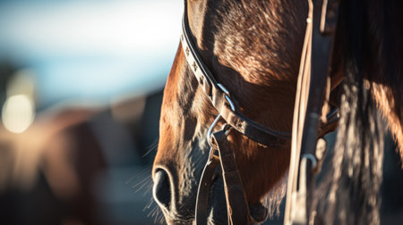 A close up of a horses face with bridle and reins, AIの素材
