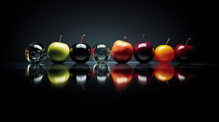 A row of glass apples and other fruits are lined up on a table, AIの素材