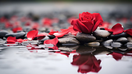 A red rose sitting on top of a pile of rocks, AIの素材