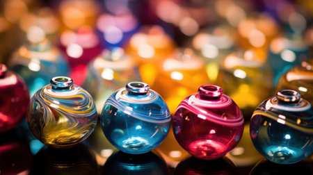 A group of colorful glass vases are lined up on a table, AIの素材
