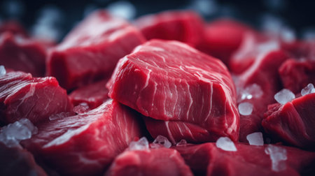 A pile of raw meat with ice cubes on top, AIの素材