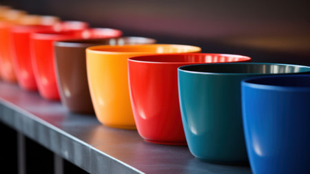A row of colorful cups lined up on a shelf, AIの素材